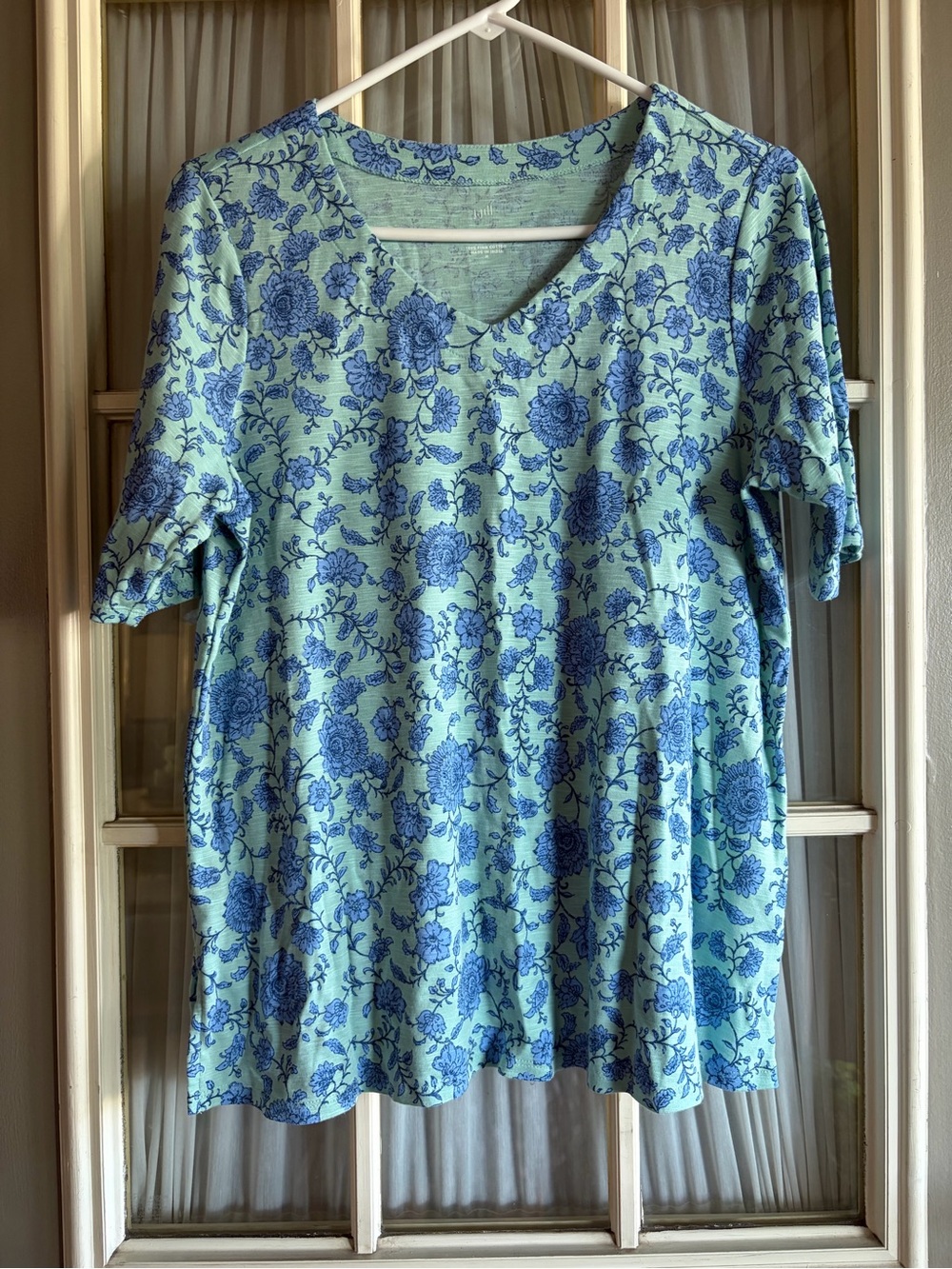 J. Jill Aqua Short-Sleeve V-Neck Top with Blue Floral Print
